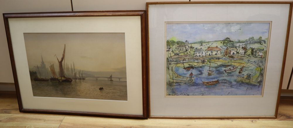 William Edward Webb (1862-1903), river scene with barges and a distant bridge, signed and dated 79 and a modern watercolour